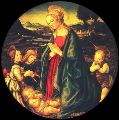 Репродукция картины Боттичелли Сандро на холсте - Virgin adoring the child, surrounded by St. John the Baptist and two angels