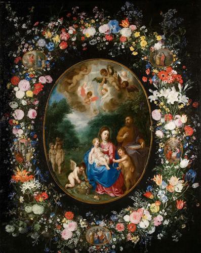 Репродукция картины Брейгель Младший Ян на холсте - Св семейство с Иоанном Крестителем в цветочной гирлянде