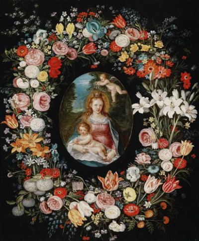 Репродукция картины Брейгель Младший Ян на холсте - Мадонна с младенцем в цветочной гирлянде