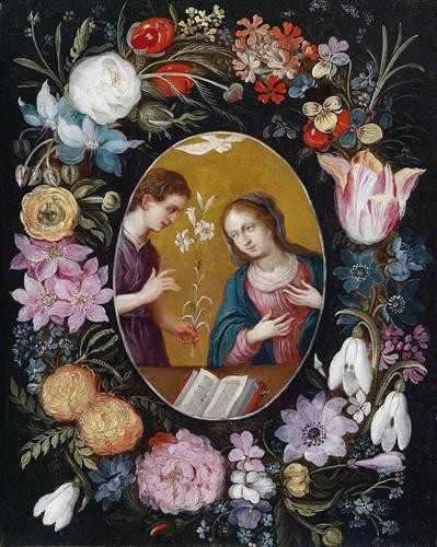 Репродукция картины Брейгель Младший Ян на холсте - Благовещение в цветочной гирлянде