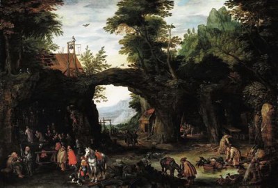 Репродукция картины Брейгель Младший Ян на холсте - Пейзаж со сценой католической мессы в гроте