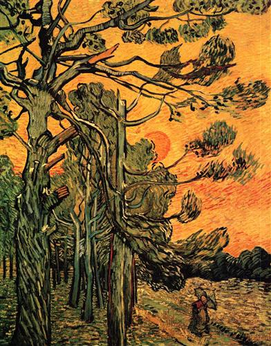 Репродукция картины Винсент Ван Гог на холсте - Pine Trees against a Red Sky with Setting Sun