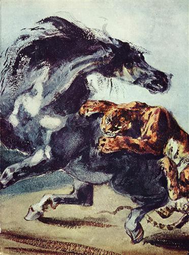 Репродукция картины Делакруа Эжен на холсте - Tiger greift ein Pferd an