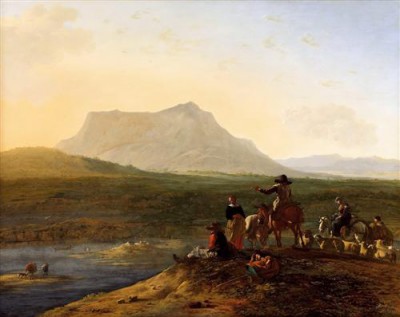 Репродукция картины Дюжарден Карел на холсте - Панорамный пейзаж с пастухами и овцами
