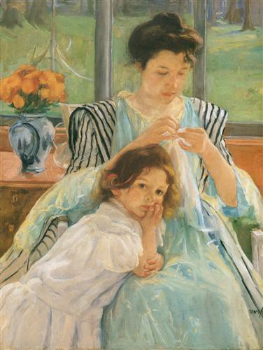 Репродукция картины Кассат Мэри на холсте - Young mother Sewing (Jeune mère Cousant), huile sur toile