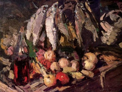 Репродукция картины Коровин Константин на холсте - Рыбы, вино и фрукты
