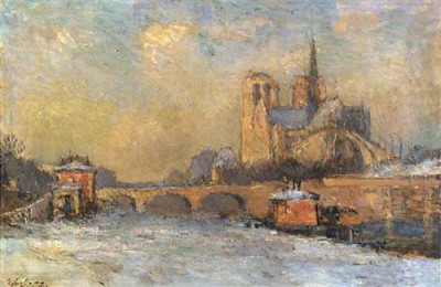 Репродукция картины Лебург Альберт на холсте - The Quay de La Tournelle and Notre Dame, Paris  				 - Набережная Турнель Нотр Дам, Париж