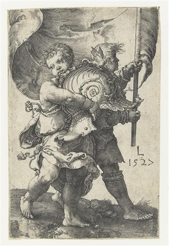 Репродукция картины Лейден Лукас на холсте - Два мальчика со шлемом и знаменем