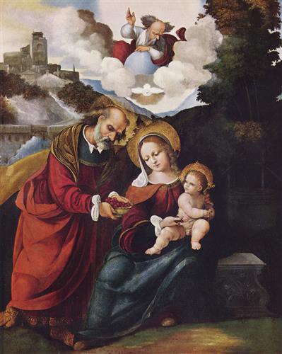 Репродукция картины Мадзолино Лудовико на холсте - Святое семейство на фоне пейзажа