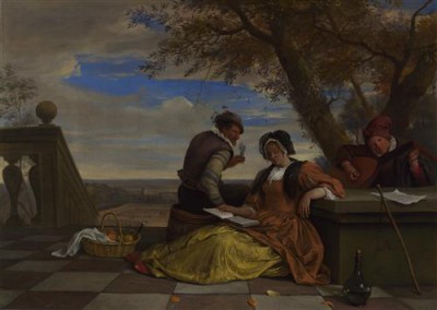 Репродукция картины Стен Ян на холсте - Two Men and a Young Woman making Music on a Terrace